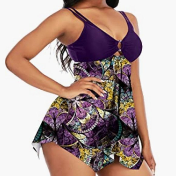 Dark Purple Modest Print Exquisite Ring Top with Boyshort Swimsuits
